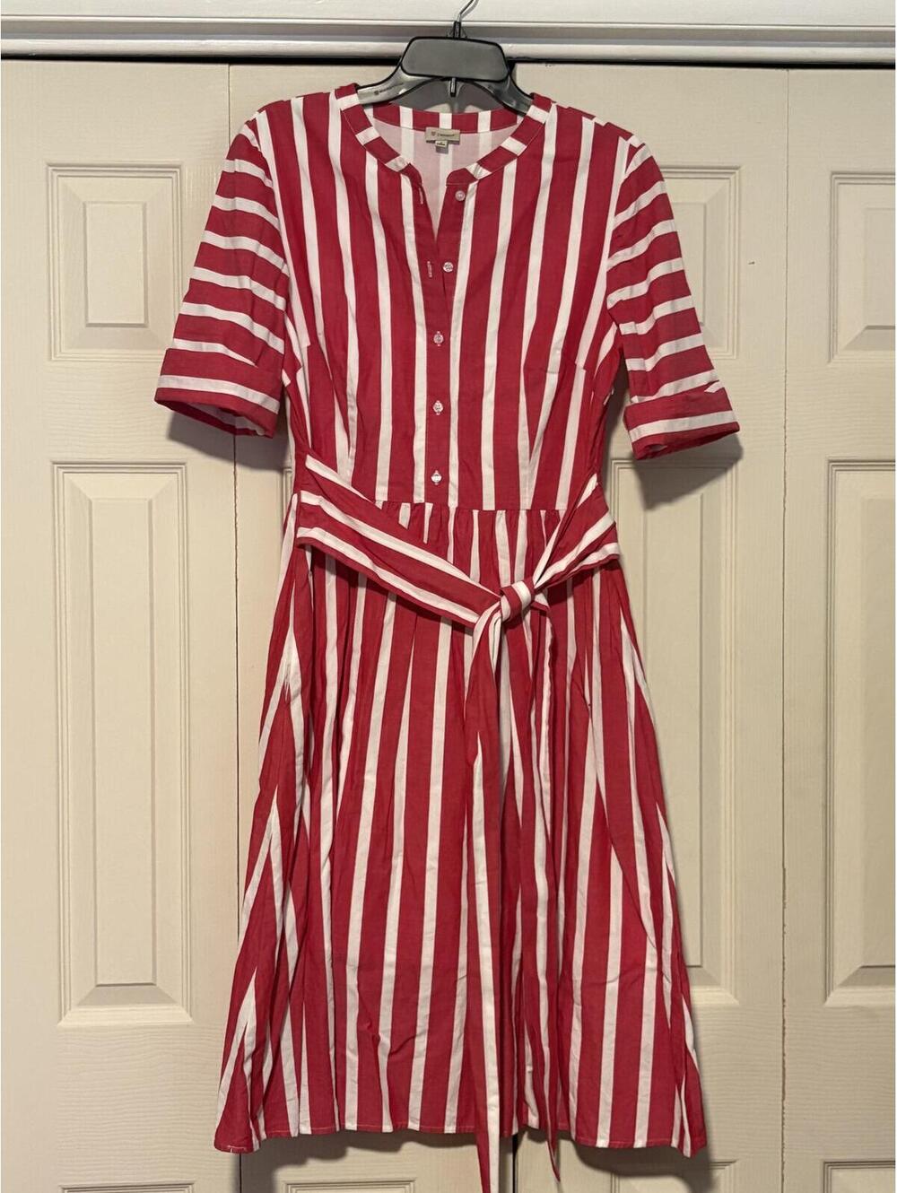 Cremieux Red White Stripe Shirt Dress Cottagecore Coastal Grandmother Americana - Picture 2 of 7